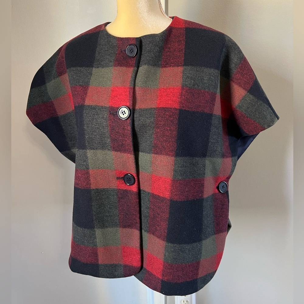 Maeve by Anthropology Red Plaid Multicolor Polyester Blend Cropped Cape One Size